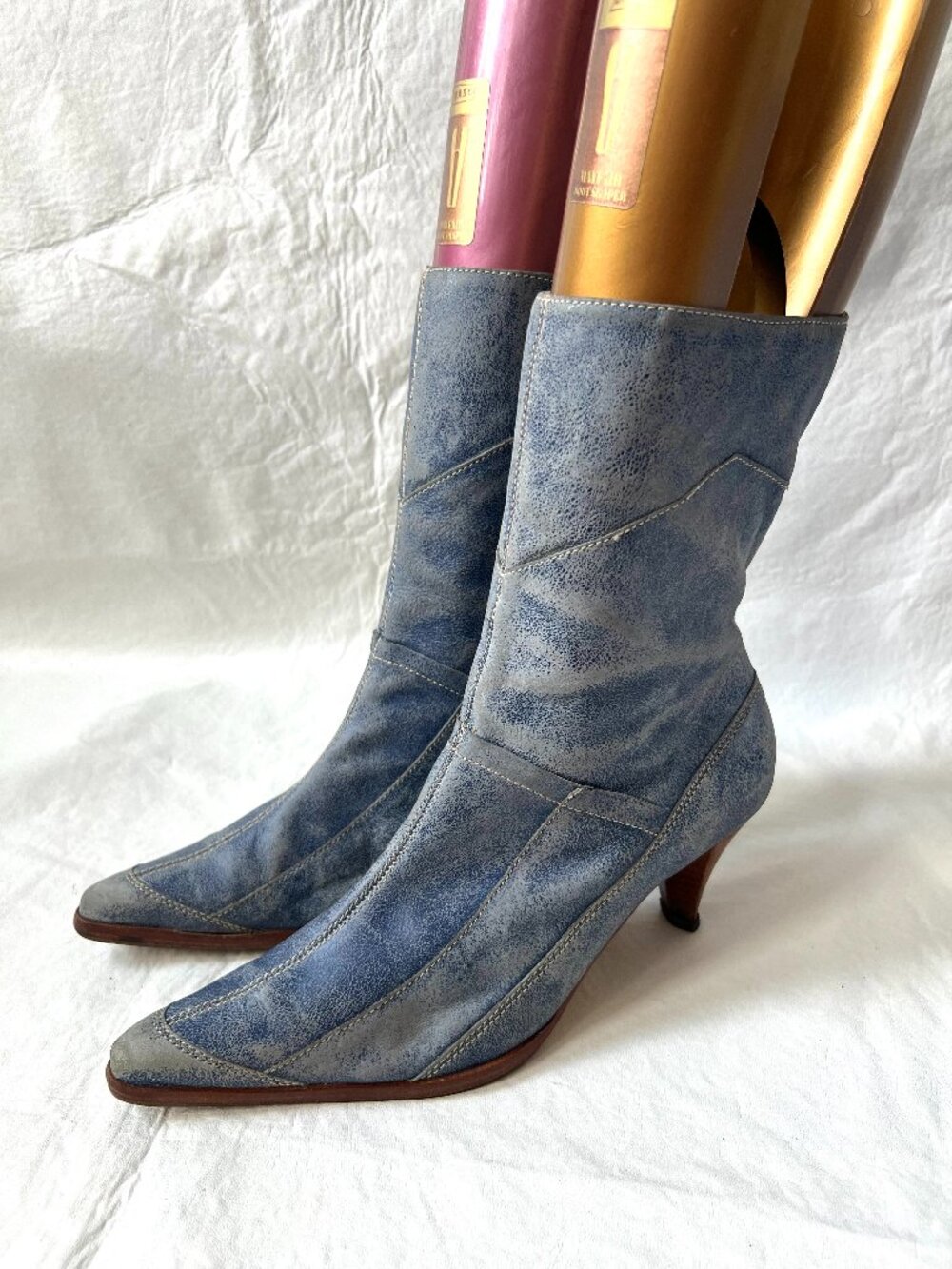 Vintage boots patchwork blue leather womens 10 pointed toe mid calf western zip